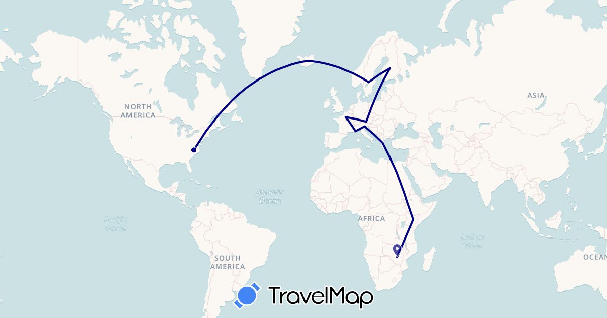 TravelMap itinerary: driving in Austria, Egypt, Finland, France, Greece, Iceland, Italy, Kenya, Monaco, Sweden, United States, Zimbabwe (Africa, Europe, North America)